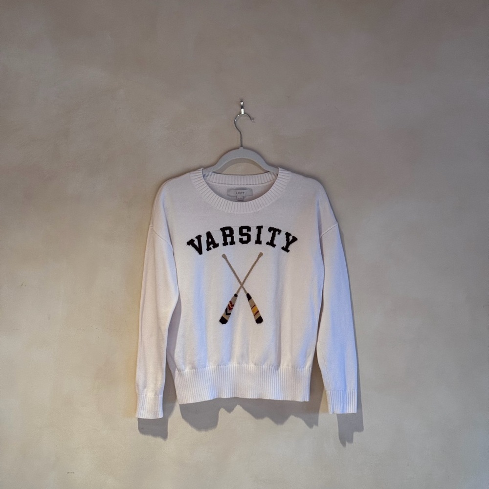 LOFT Varsity Sweater White Knit Pullover Size M Preppy Trendy